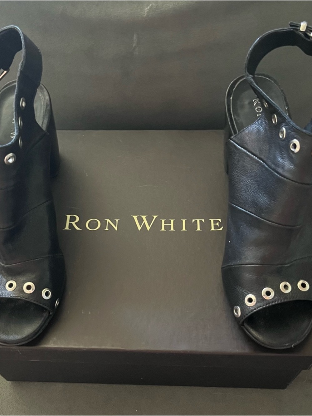 Ron White Women's Black Leather Open-Toe Heeled Sandals